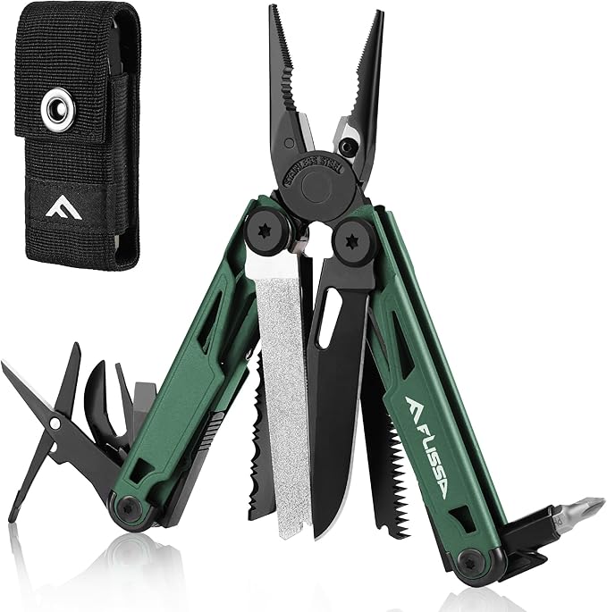 FLISSA Multitool, 15-in-1 Multi Tool Pocket Knife with Sheath, Stainless Steel EDC Multitool Pliers for Men, All-in-One Tools for Camping, Fishing, Survival – Ideal Christmas Gift for Man