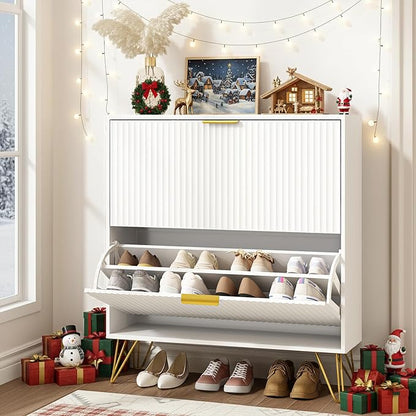 Shoe Storage Cabinet with 2 Flip Drawers, Fluted White Shoe Cabinet Storage for Entryway Slim, Narrow Shoe Organizer Cabinet, Modern Freestanding Shoe Rack for Entryway, White