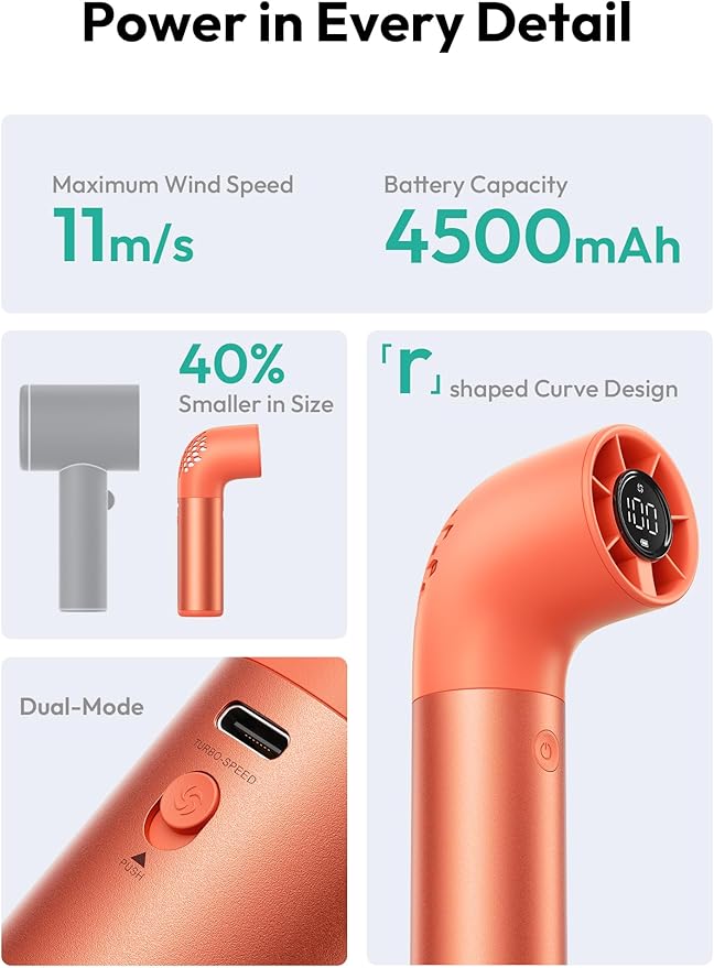 Aecooly Portable Handheld Fan, Powerful Turbo Mini Fan, 19000 RPM High Speed Aero Ultra, 15H Max Cooling Time, 7 Speeds Aluminum Case,Pocket Rechargeable Personal Small Travel GIfts for Women-Orange