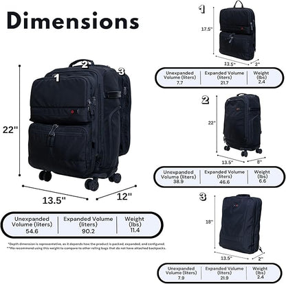 Trilogy Modular System I Modular 4-wheel spinner carry-on, with two zip-off bags! All 3 are Expandable! You get 3 bags in 1! Mix and match; take apart to fit crowded airplane spaces (Black)
