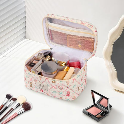 Large Makeup Bag, Cute Cosmetic Bag for Women Girls, Floral Coquette Aesthetic Toiletry Bag, Travel Make Up Organizer Bag(Love Bear