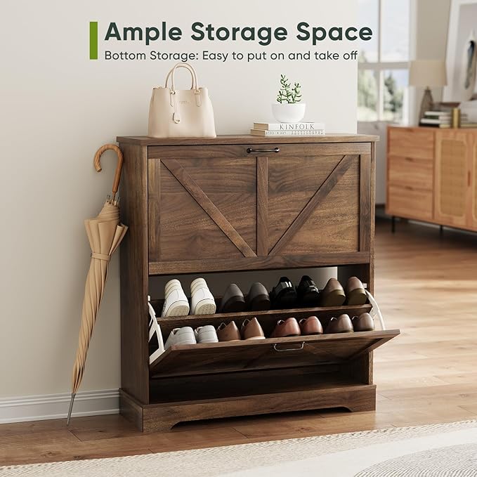 Shoe Cabinet, Shoe Storage Cabinet for Entryway with 2 Flip Drawers, Narrow Farmhouse Shoe Organizer Cabinet, Slim Shoe Rack Cabinet, 31.5in Walnut