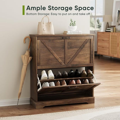 Shoe Cabinet, Shoe Storage Cabinet for Entryway with 2 Flip Drawers, Narrow Farmhouse Shoe Organizer Cabinet, Slim Shoe Rack Cabinet, 31.5in Walnut