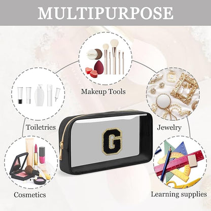 Small Clear Personalized Initial Makeup Bag,Nylon Preppy A-Z Chenille Letter Patch Cosmetic Pouch Beach Toiletry Bag,Waterproof Zipper Travel Purse Storage Bag Organizer for Women Girls(Black-Black G)