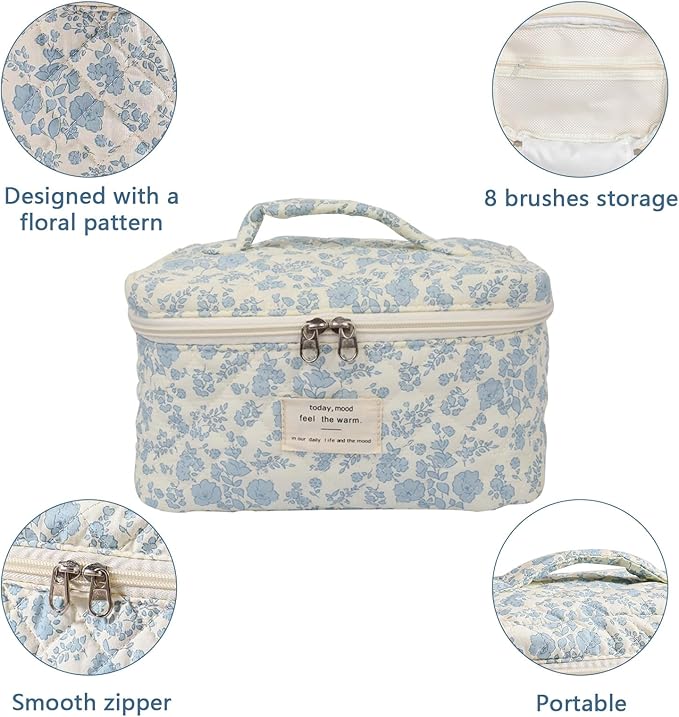 1pc Large Makeup Bag, Cute Cosmetic Bag for Women Girls, Floral Coquette Aesthetic Toiletry Bag, Travel Make Up Organizer Bag (Green Leaves Blue Flowers)