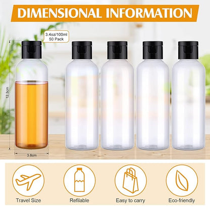 50 Piece 3.4 oz Travel Bottles with Flip Cap Plastic Empty Bottles Refillable Flip Cover Dispensing Squeeze containers with 2 Funnels Portable Refillable Containers for Travel Liquid(Clear, Black)
