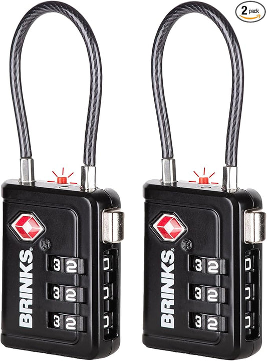 Brinks TSA Accepted Indicator Luggage Lock, Black - Resettable 3-Dial Combination, 1.5 inch Long Cable Shackle, New More Secure TSA008 Key, 2 Pack