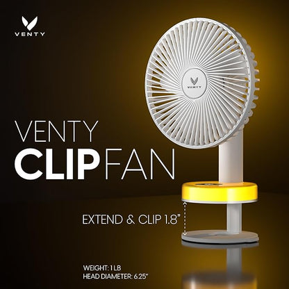 VENTY Portable Clip Fan - Rechargeable 10-Hour Battery Portable Fan - 360° Rotation & 90° Tilt - Stroller Fan, Desk Fan or Bedside Fan - Aromatherapy & LED Light - USB-C Rechargeable Clip On Fan