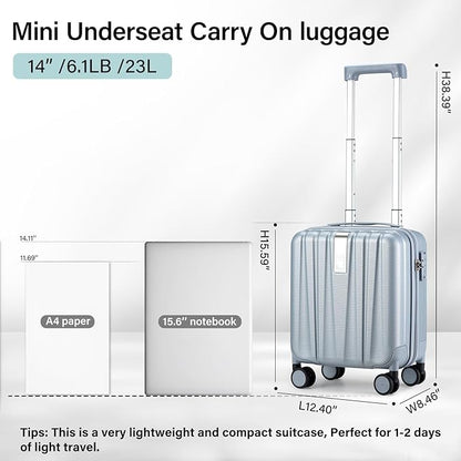 Hanke 14 Inch Underseat Carry On Luggage with Wheels Hard Shell Suitcases Carry On Bag Lightweight Small Mini Suitcase Travel Luggage for Travel（Gray）