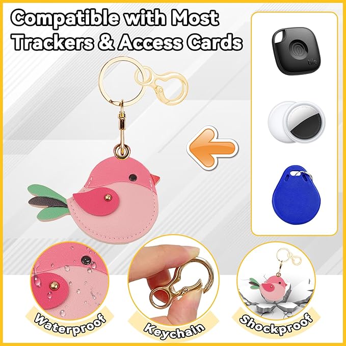 Leather Keychain for Airtag, Cute Protective Keychain Holder Compatible with Apple Air Tag,GPS Item Tracker Case Cover for Keys,Bags,Pets,Luggage(Bird)
