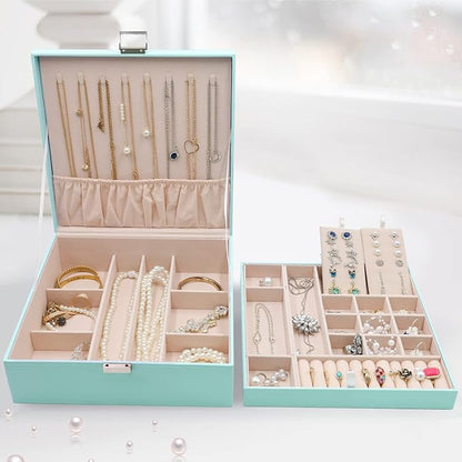 ProCase Jewelry Box for Women, 2 Layers Large Leather Jewelry Organizer Storage Case with Removable Pad for Earrings -Mint