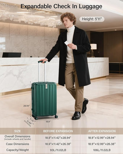 Hanke 26 Inch Expandable Luggage Top Opening Checked Bag Luggage Hard Shell Suitcases with Wheels Lightweight Travel Luggage Heavy Duty Luggage Suitcase with Lock for Woman Men-Blackish Green
