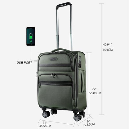 KROSER Softside Expandable Carry On Luggage with Front Business Pockets，20 Inch Suitcases with Spinner Wheels & Built-in TSA Lock, Durable Suitcase Rolling Luggage with USB Port, Army Green