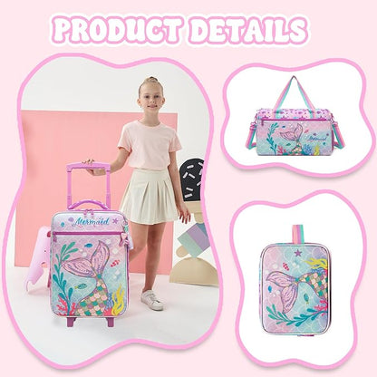 Kids Luggage Set with Wheels Girls Cute Mermaid Travel Softside Suitcases 16" Carry on Suitcase with Duffle Bag Girls Luggage Sets Airline Approved