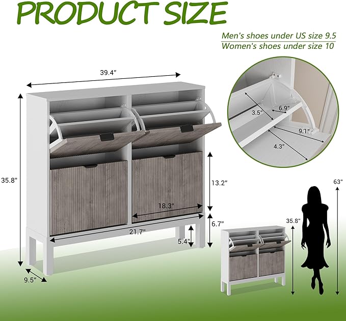 GAOMON Shoe Cabinet with 4 Flip Drawers, Entryway Cabinet with Adjustable Shelves, Accommodate 16 to 20 Pair of Shoes, Space-Saving Slim Shoe Cabinet for Entryway, Hallway, Front Door, White Grey