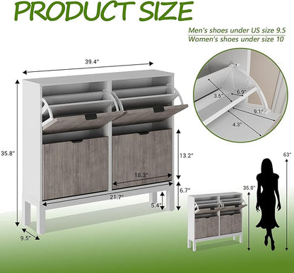 GAOMON Shoe Cabinet with 4 Flip Drawers, Entryway Cabinet with Adjustable Shelves, Accommodate 16 to 20 Pair of Shoes, Space-Saving Slim Shoe Cabinet for Entryway, Hallway, Front Door, White Grey