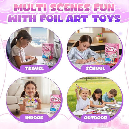 YoPoll Foil Art Craft Kits for Kids, Mess-Free DIY Creative Activity Set, Fun Arts and Crafts Toys for Boys & Girls, Peel & Press Foil Art Kit for Kids, Travel Toy and Birthday Gift (Princess)