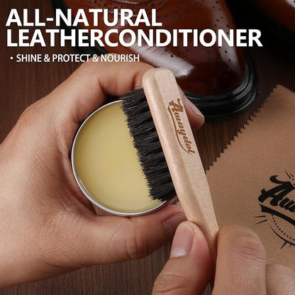 10 PCS Shoe Polish Kit - Horsehair Brushes, Black Brown Polish Cream,Mink Oil Conditioner for Shoes,Polishing Cloth, Leather Boots Shine Care Kit ﻿Gift for Men Cowboy Husband Dad ﻿