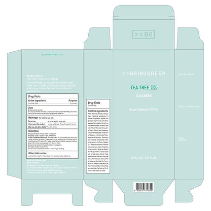 BRING GREEN Tea Tree CICA Mineral Sunscreen SPF 50+ PA++++ | Non-Nano Zinc Oxide Face Sun Lotion, Reef Safe Korean Sunscreen for Sensitive Skin, Oil-Free, 1.69 fl. oz
