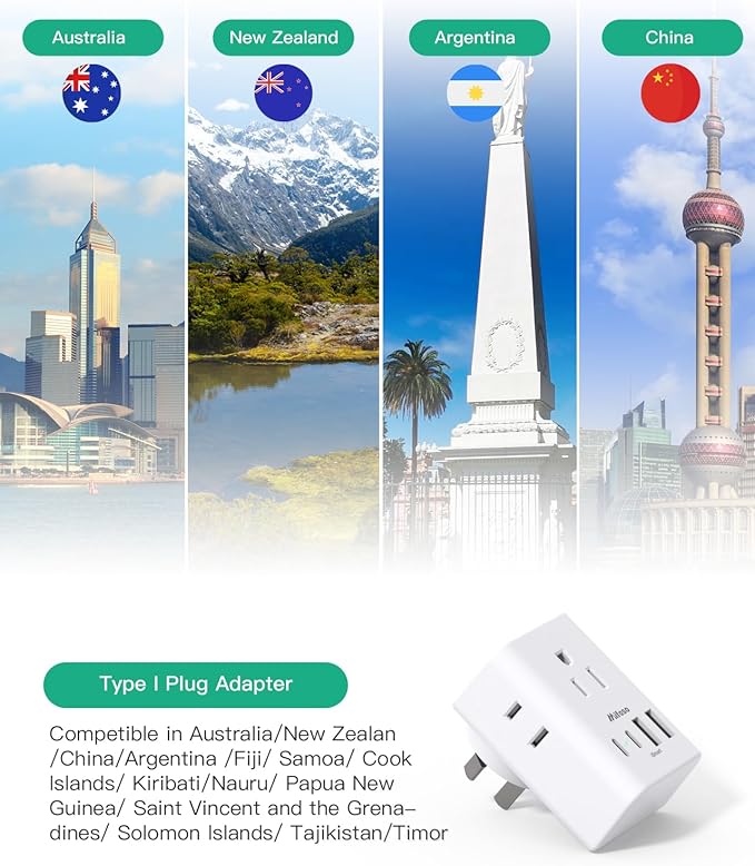2 Pack Australia New Zealand Power Plug Adapter, Australia Travel Adapter with 4 American Outlets 4 USB Charging Ports (4 USB C), Type I Plug Adapter for US to Australia, Argentina, China