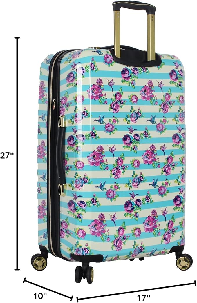 Betsey Johnson 26 Inch Checked Luggage Collection - Expandable Scratch Resistant (ABS + PC) Hardside Suitcase - Designer Lightweight Bag with 8-Rolling Spinner Wheels (Stripe Floral Hummingbird)