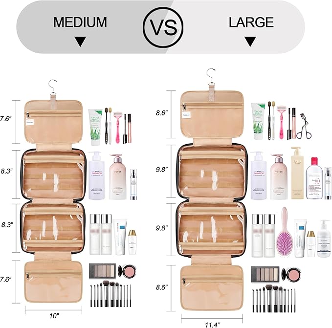 Travel Hanging Toiletry Bag for Women and Men, with 8 Leak Proofing Silicone Bottle Covers, Waterproof Makeup Accessories, Cosmetic Essentials, Cruise Ship Toiletries Bag with Jewelry Organizer, Black