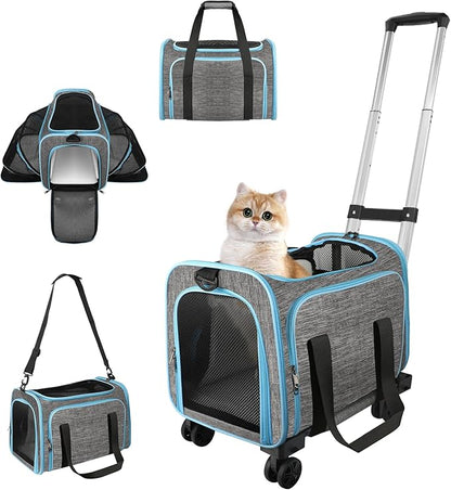 Pet Carrier with Wheels Up to 33 lbs Airline Approved Cat Carrier Rolling Pet Carrier w/Removable Wheels & Expandable Side Washable Plush Mat Pet Travel Carrier with Telescopic Handle & Shoulder Strap