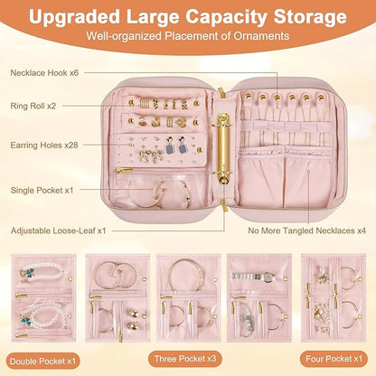Travel Jewelry Case Organizer for Women, Jewelry Storage Book with Small Pouch, Travel Jewelry Bag Case for Traveling Necklace, Earrings, Rings, Bracelet Organizer (Pink)