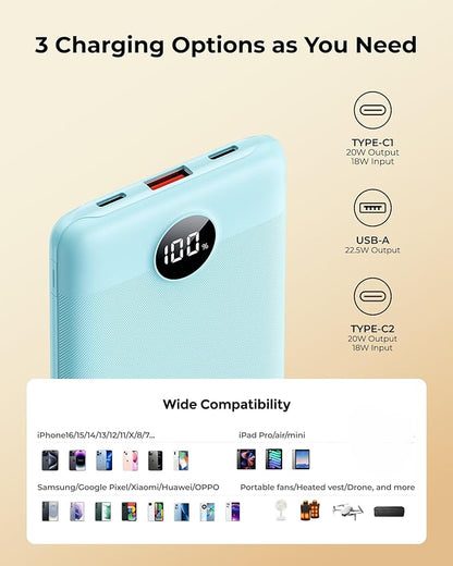 Small Portable Charger 10000mAh, Mini Power Bank with LED Display, 22.5W PD Fast Charging USB-C Battery Pack, Compact Lightweight Travel Charger Compatible with iPhone Samsung Android, Blue