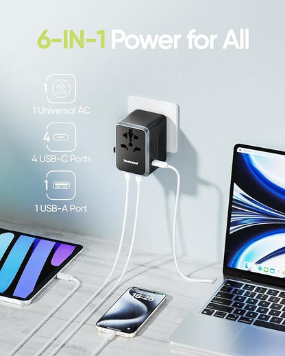 Universal Travel Adapter, 30W International Power Adapter with 4 USB-C & 1 USB-A Ports, European Travel Plug Adapter, Worldwide Travel Essentials for EU UK AUS USA