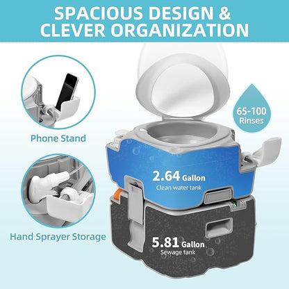 YITAMOTOR 5.8 Gal Portable Toilet for Adults, Camping Porta Potty with Diagonal Elongated Bowl Seat, Sprayer, Bag, Level Indicator, Anti-Leak RV Travel Porta Potty for Outdoors Indoors Hospital Boat