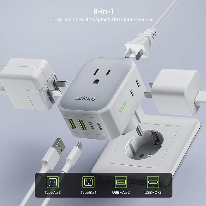 EPICKA Hybrid Travel Plug Adapter, 2 Packs Foldable & Detachable Type EF VisaPlug, 8-in-1 International Power Adapter with 4 USB Ports (2 USB-C PD 20W), Travel Essentials for US to German France