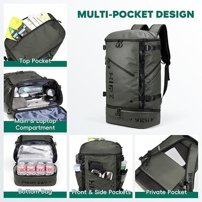 Camping Backpack with Lunch Compartment, Water Resistant Mens Backpack Insulated for Work, 17 inch Laptop Bag, Carry On Backpacks for Airplane Beach Travel, Green