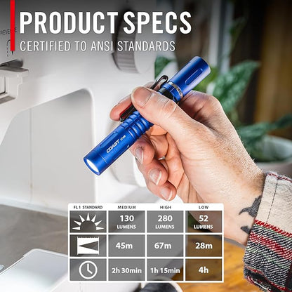 COAST XT10R 280 Lumen USB-C Rechargeable Pocket Flashlight/Penlight with TWIST FOCUS and Two-Way Clip, 3 Bite Caps included, Pocket Size for EDC, Work and Emergencies, BLUE