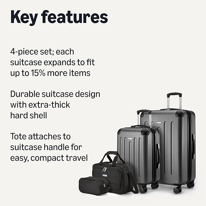 Amazon Basics 4-Piece Luggage Set, Including Two Hardside Suitcases With Multi-directional Spinner Wheels (22" Carry-On and 28" Checked), One 15-inch Tote Bag and One 10-inch Compact Travel Bag, Black