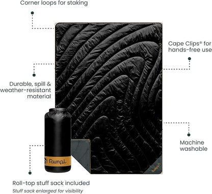 Rumpl Original Puffy Blanket - Warm, Water-Resistant Camping Blanket with 100% Recycled Synthetic Insulation, 52"x75", Original Puffy V2, Black