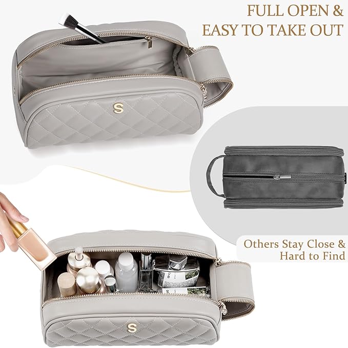 COSHAYSOO Personalized Birthday Appreciation Thank You Gifts for Women Best Friend Mom Adult Sister Teacher Nurse Employee Female Coworker, Initial Make Up Bag Leather Cosmetic Bags Taupe Letter Q