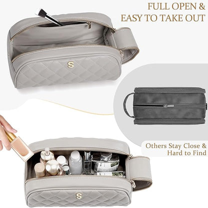 COSHAYSOO Unique 1st 2nd 3rd One Two Three Year Anniversary Birthday Gifts for Girlfriend Valentines Wife Wedding, Luxury Designer Leather Makeup Bag Travel Cosmetic Bags Taupe Initial Letter L