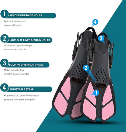 Kids Snorkeling Set Children Mask Fin Snorkel Set Snorkeling Gear Snorkel Mask + Adjustable Swimming Kids Flippers+ Dry Snorkel Tube + Travel Bags