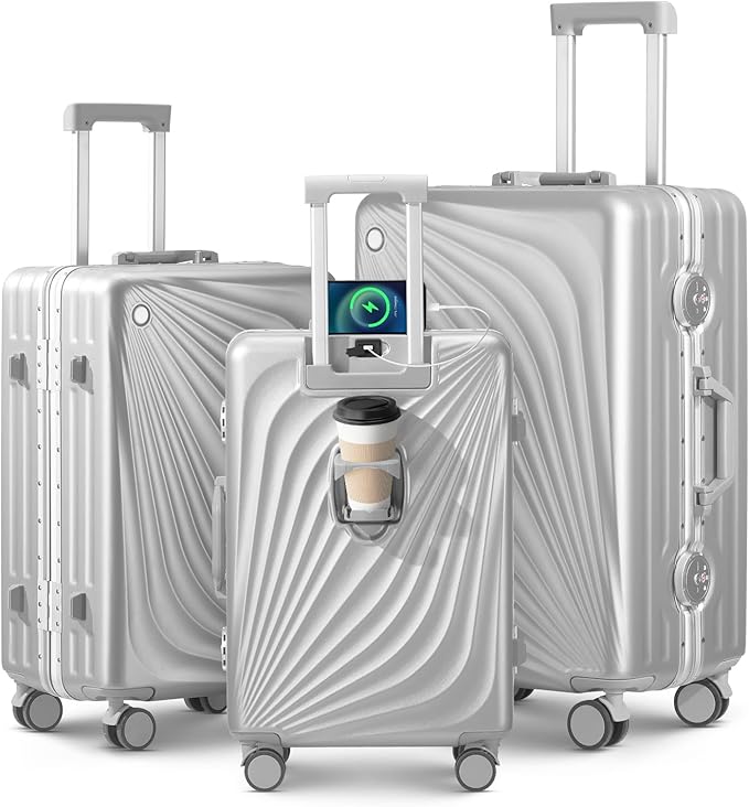 3-Piece Hardside Luggage Sets Aluminum Frame, 20+24+28 Inch Suitcases with USB Charging Port, Foldable Cup Holder, TSA Locks & Spinner Wheels for Travel, Silver