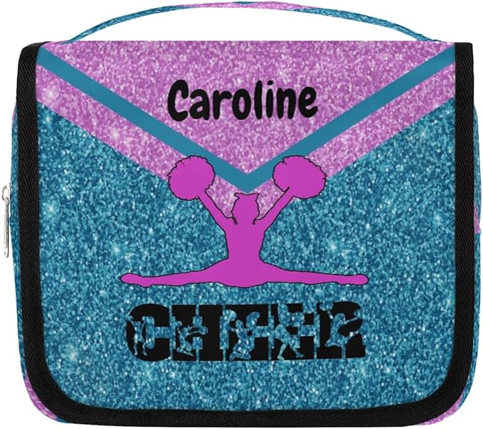 Custom Travel Toiletry Bag with Hanging Hook Cheerleading, Spacious Waterproof Toiletry Bag for Women for Travel Accessories, Toiletries Essentials Lake Blue Pink Cheer Shiny Glittering