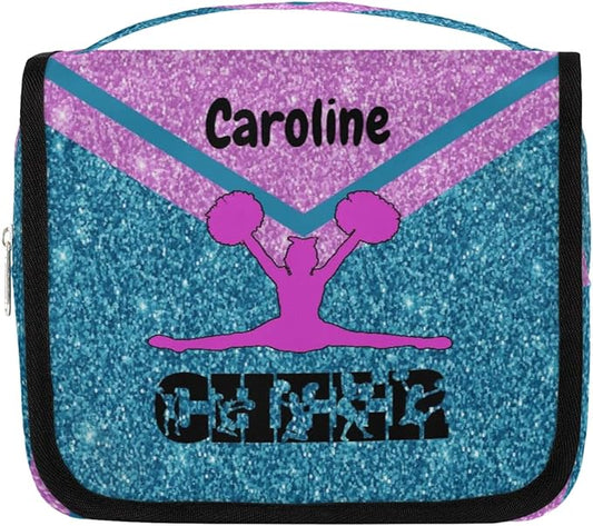 Custom Travel Toiletry Bag with Hanging Hook Cheerleading, Spacious Waterproof Toiletry Bag for Women for Travel Accessories, Toiletries Essentials Lake Blue Pink Cheer Shiny Glittering