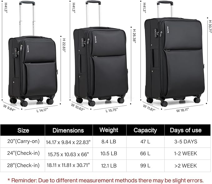Hanke Softside Expandable 20 Inch Carry On Luggage with Wheels Airline Approved, TSA Luggage Lightweight Rolling Suitcases for Travel Carry On Bag(Black)