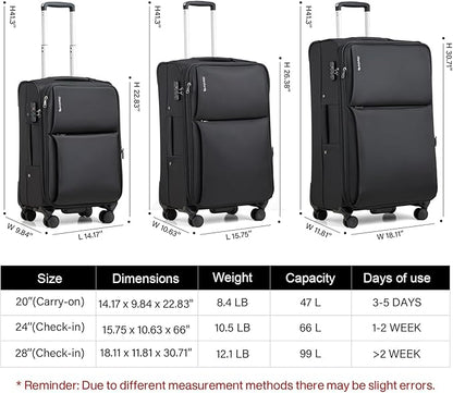 Hanke 24 Inch Luggage Expandable Softside Checked Suitcases with Spinner Wheels, Upright Rolling Luggage Suitcases Travel TSA Luggage Bag for Women Men(Black)