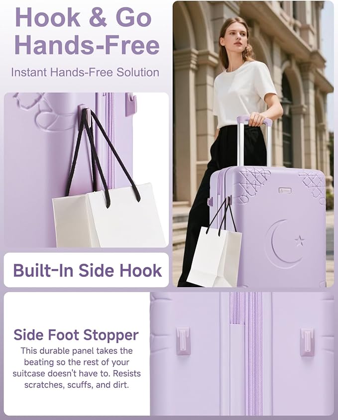 Somago 3 Piece Luggage Set with Cup Holder, Expandable 25% Capacity Suitcase with Shock-Absorbing Braking Spinner Wheels Moon Star Design Hardside Suitcase with TSA Lock (Light Purple,Expandable Sets)