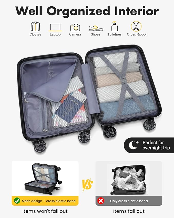 Lekesky Carry On Luggage 22x14x9 Airline Approved, 20 Inch Hard Shell Suitcase with TSA Lock, Lightweight Spinner Wheels Durable ABS Carry-On for Travel Weekend Trips Men Women, Black