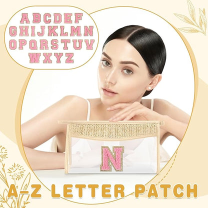Small Boho Straw Initial Letter Makeup Bag Personalized Gift ,Cute Clear Chenille Patch Makeup Bag With Zipper,Trendy TSA Approved Travel Toiletry Bag,Gift for Women Girls Birthday Friend, Letter N