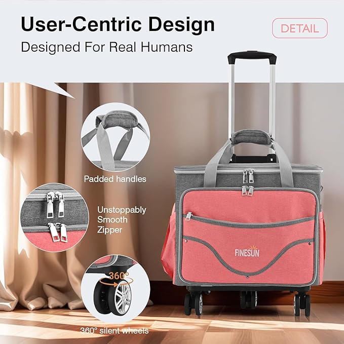 Rolling Tote Bag for Women Teacher Bag Rolling Cart Briefcase with Wheels Carry on Wheeled Bag for Work,Office,Craft Pink