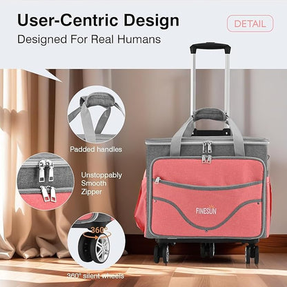 Rolling Tote Bag for Women Teacher Bag Rolling Cart Briefcase with Wheels Carry on Wheeled Bag for Work,Office,Craft Pink