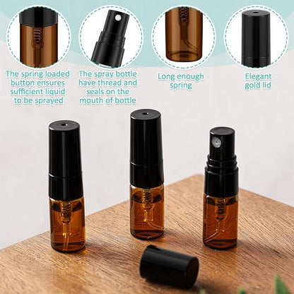 Zhehao 50 Pcs Mini Spray Bottles 2 ml Clear Glass Perfume Bottles Refillable Fine Mist Perfume Atomizer Portable Empty Sample Containers for Cleaning, Essential Oils, Travel (Amber)